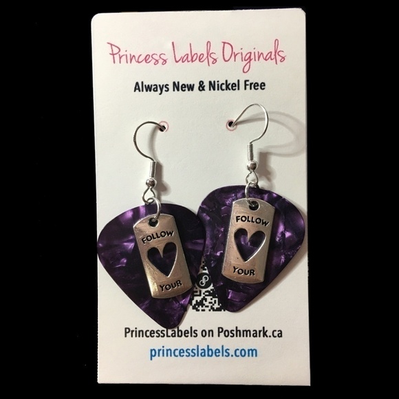 HAND Crafted Earrings Repurposed Guitar Picks Follow Your Heart Amethyst - Picture 5 of 7
